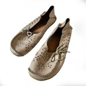 Tan Leather‎ Slip on Loafers with Floral Cutouts Size 37
